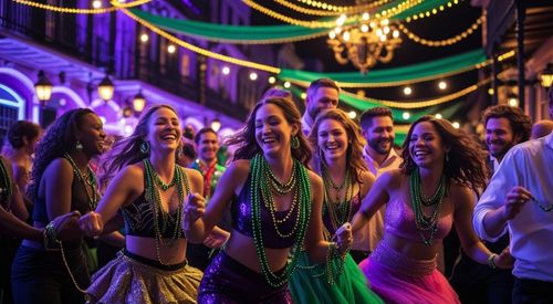 Mardi Gras-themed party with costumed strippers and colorful lights